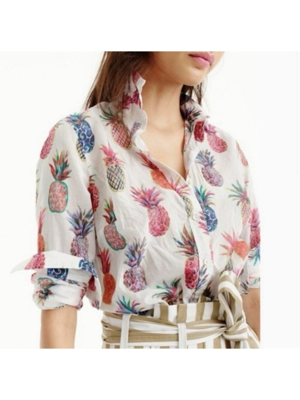 J Crew Ratti Painted Pineapple Popover Shirt Top Blouse Cotton Womens Size 6